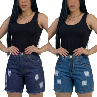 🟧【⭐ INDICADO】Short Jeans Feminino Cintura Alta Destroyed Bermuda 100% Algodão em Oferta na Shopee