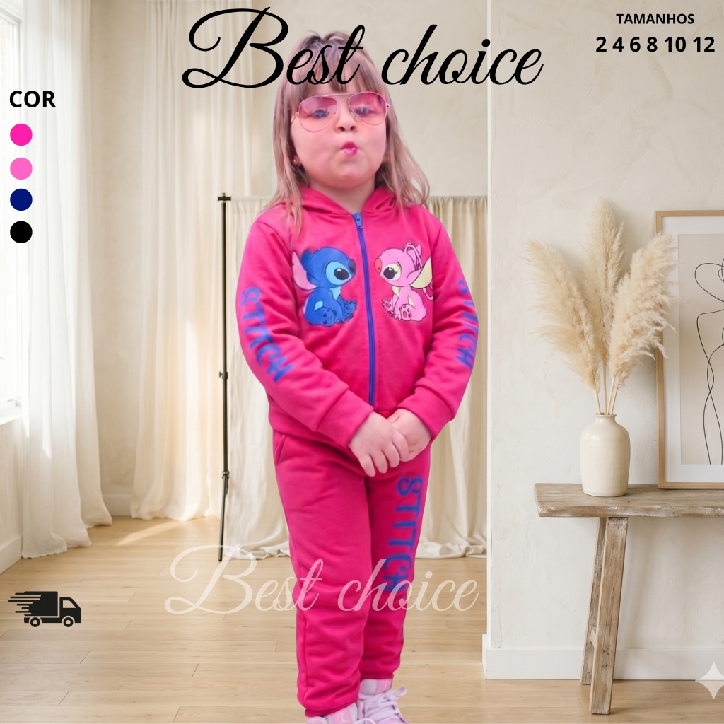 Conjunto Moletom feminino/Infantil Franelado Capuz Estampa Moda Inverno com Zíper