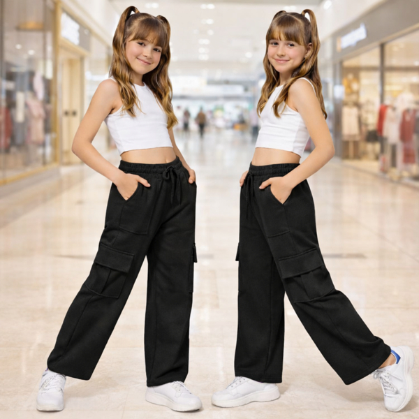 Kit 2 Calça Infantil Moletom Cargo Flanelado Inverno Menina Bolso Lateral Elástico Cintura Confortável Quentinha