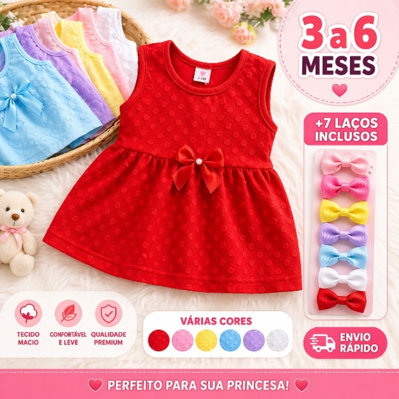 Vestido Bebê 3 a 6 Meses + 7 Laços Kit Completo Infantil Menina Várias Cores