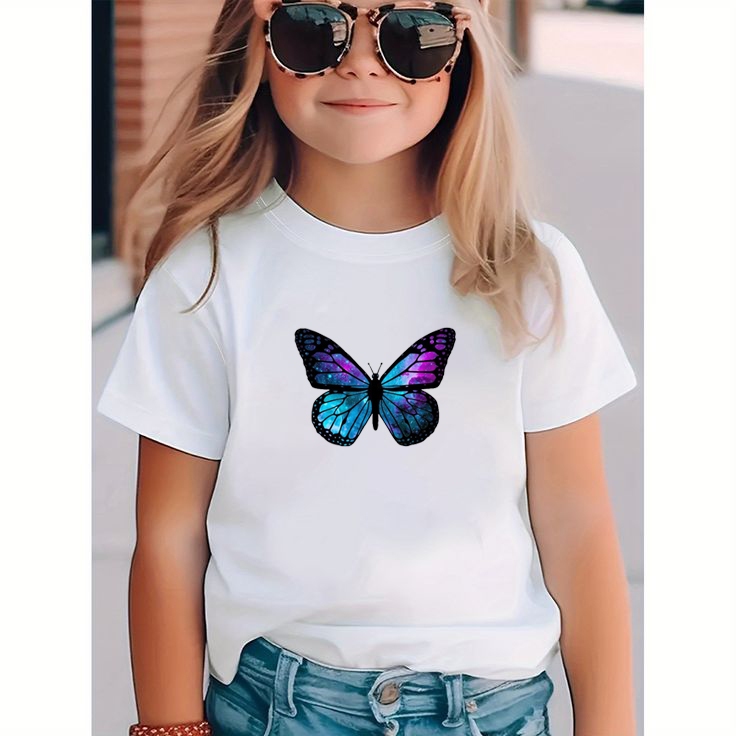 Camiseta Infantil Feminina Estampada Borboleta Algodão Tecido Macio Confortável Estilosa