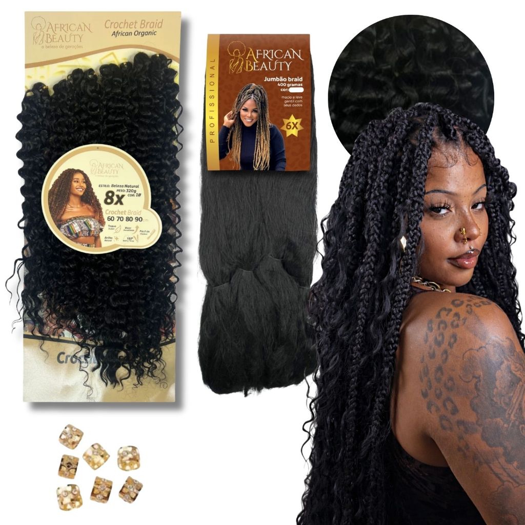 Kit Gypsy Braid Cabelo Crochet Braid Fibra Orgânica Cachos 90 cm Cacheado e Jumbo Tranças fulani