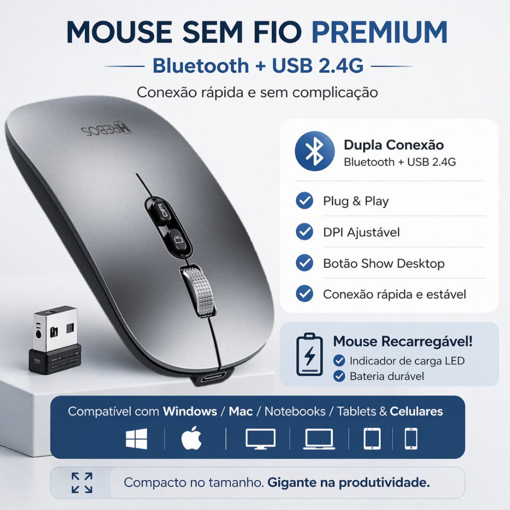 Mouse Sem Fio Recarregável Bluetooth ou Pino USB DPI Ajustável Note Tablet Android iOS Windows