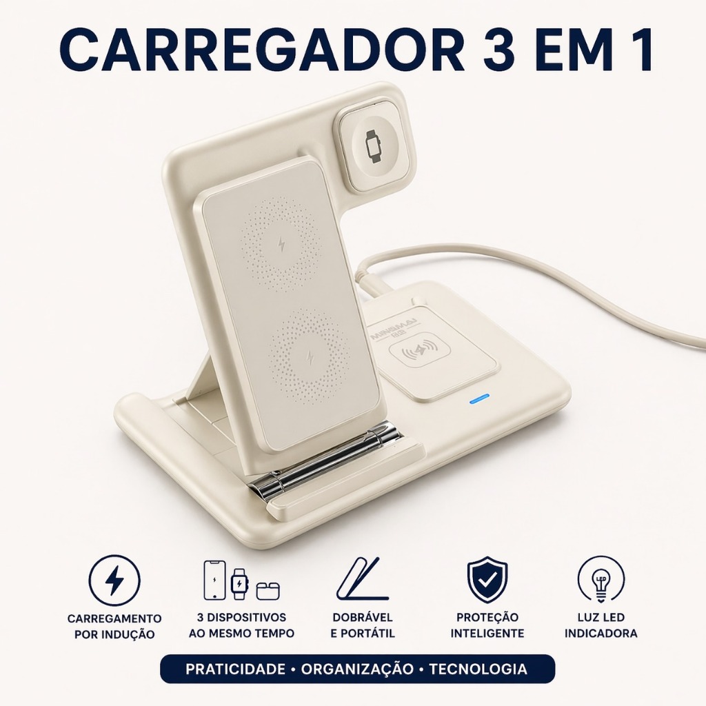 Carregador Sem Fio 3 em 1 Indução Rápida Dobrável Base Wireless Celular Smartwatch Fone