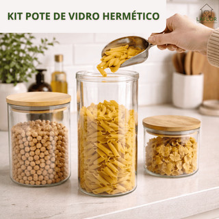 Pote de Vidro com Tampa de Bambu Hermético Kit 3 ou 4 Potes 800ml 1000ml 1200ml Organização Cozinha
