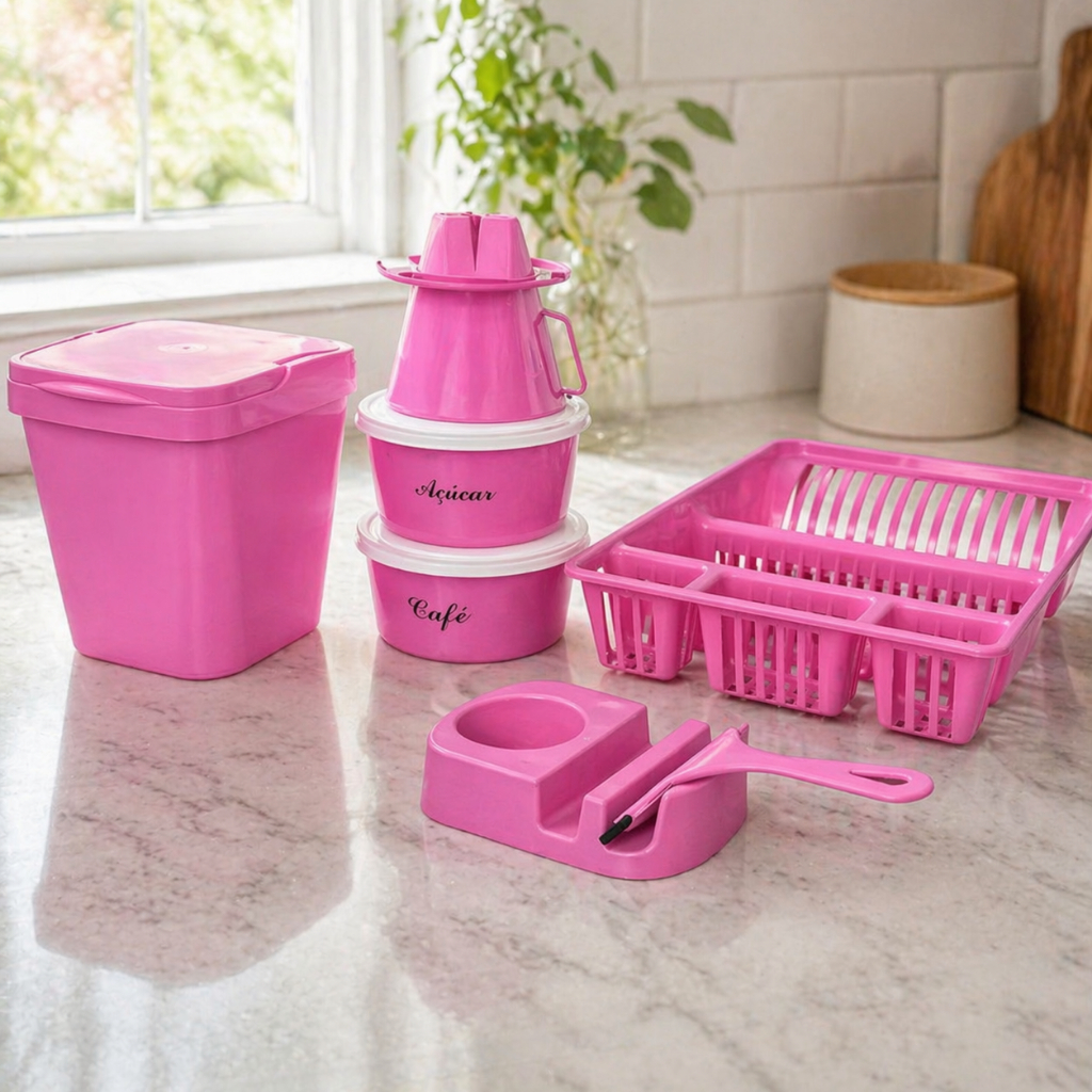Conjunto de Cozinha Rosa: 02 Potes de 1200 ML (Café, Açúcar), Coador de Café 103, Lixeira de Pia 4,8 Litros
