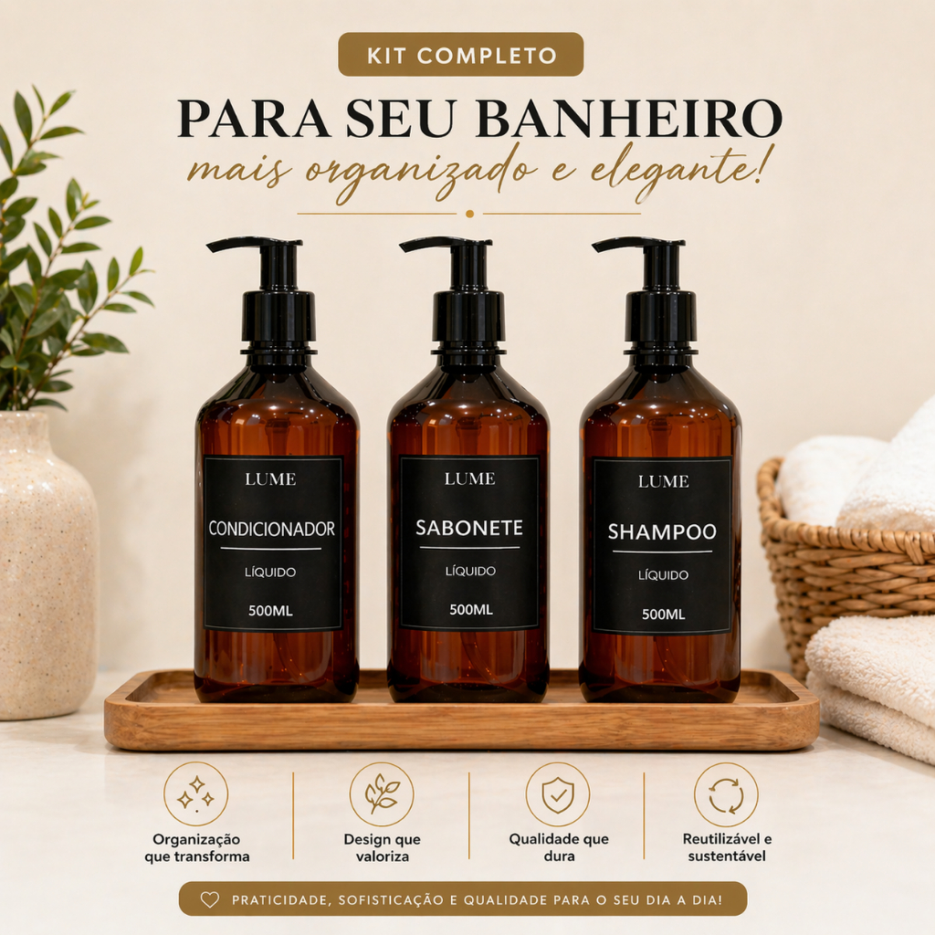 Kit 3 Frascos Banheiro 500ml Dispenser Shampoo Sabonete Condicionador Luxo Reutilizável Kit Banho — imagem 2 de 2