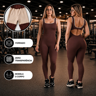 Macacão Longo Forrado de Academia Feminino Macacão Fitness Bicolor com Costas Abertas em Suplex em Oferta na Shopee