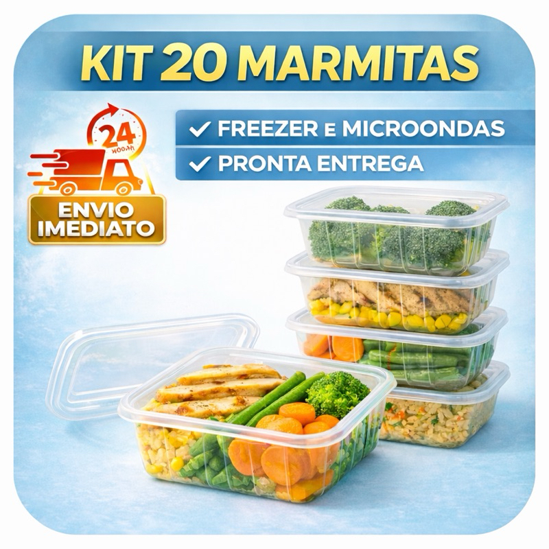 20 Pote Descartável 350ml Retangular Freezer Microondas Marmita Fitness Empilhável e Reutilizável