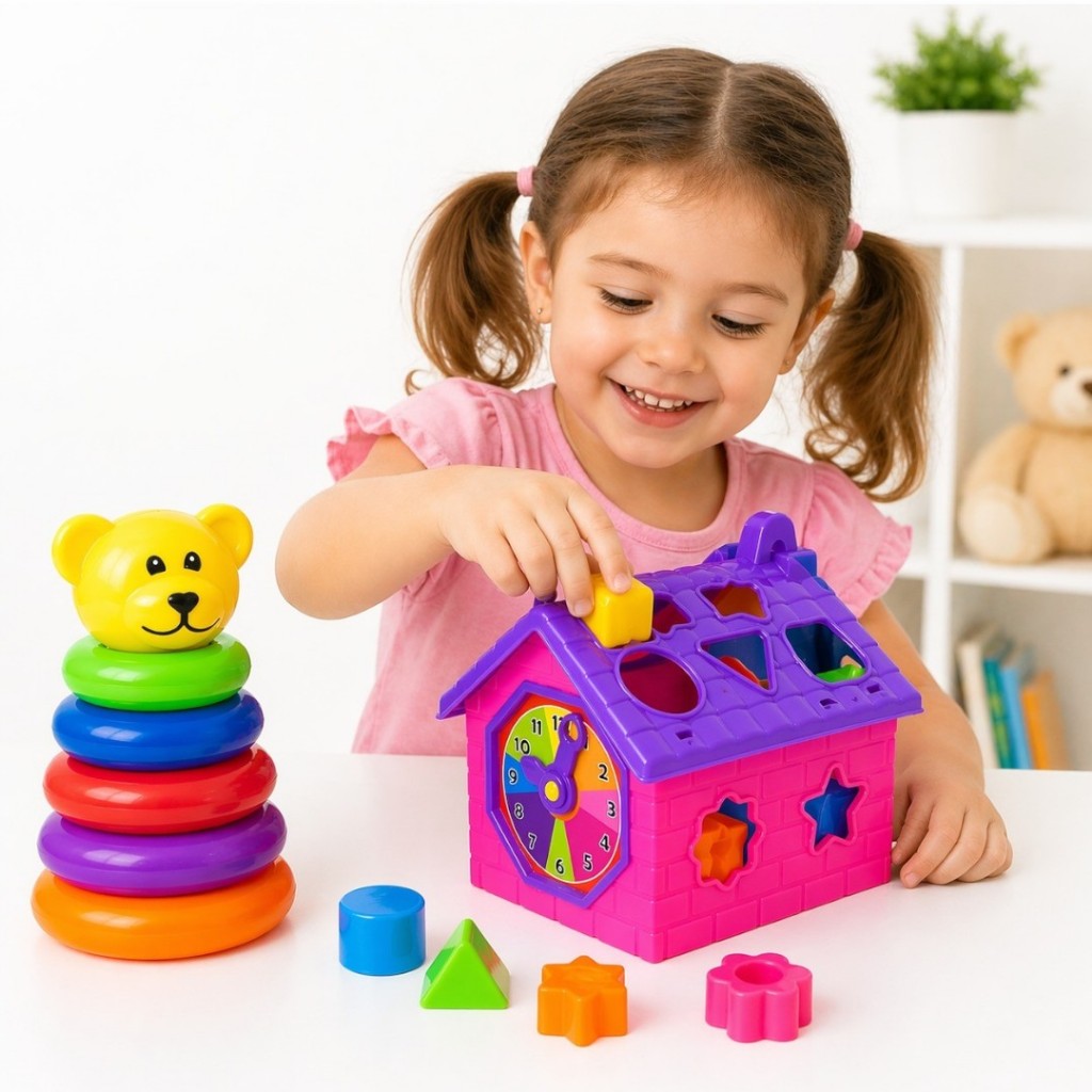 Kit Brinquedo Infantil Casinha Didática + Torre Ursinho Empilhar Colorida Bebê Atividade Educativa
