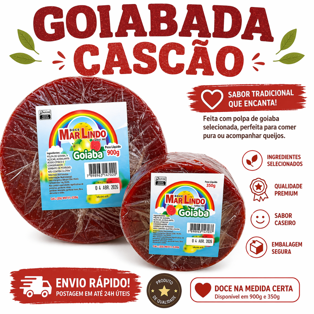 Goiabada Cascão 900g ou 350 Gramas Doce em Barra com Pedaços da Fruta Direto do Produtor