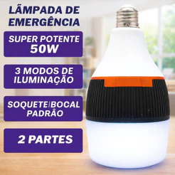 Lâmpada de Emergência LED 50W/30W Bivolt – Dura 6h sem Energia, Portátil, Recarregável