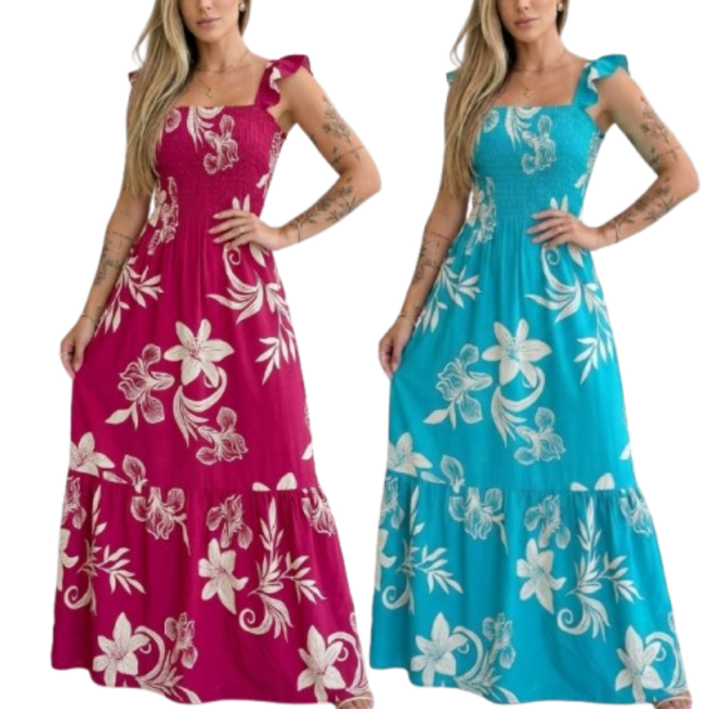 Vestido Longo Feminino Ciganinha Ombro Adulto Rodado Soltinho Floral  Fresquinho Verão Estampado Lastex Elastex Florido