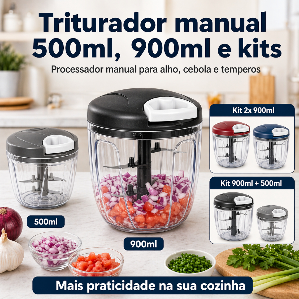 Imagem Triturador Manual Alimentos 500ml e 900ml 5 Lâminas Inox Processador Cozinha Alho Cebola