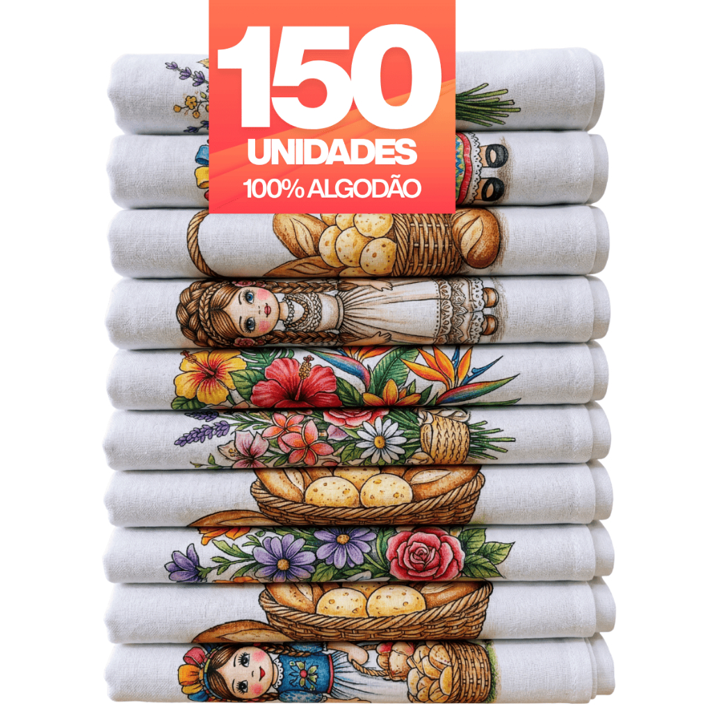 Kit 150 Panos de Prato Atacado Estampado com Bainha 100% Algodão para Revenda