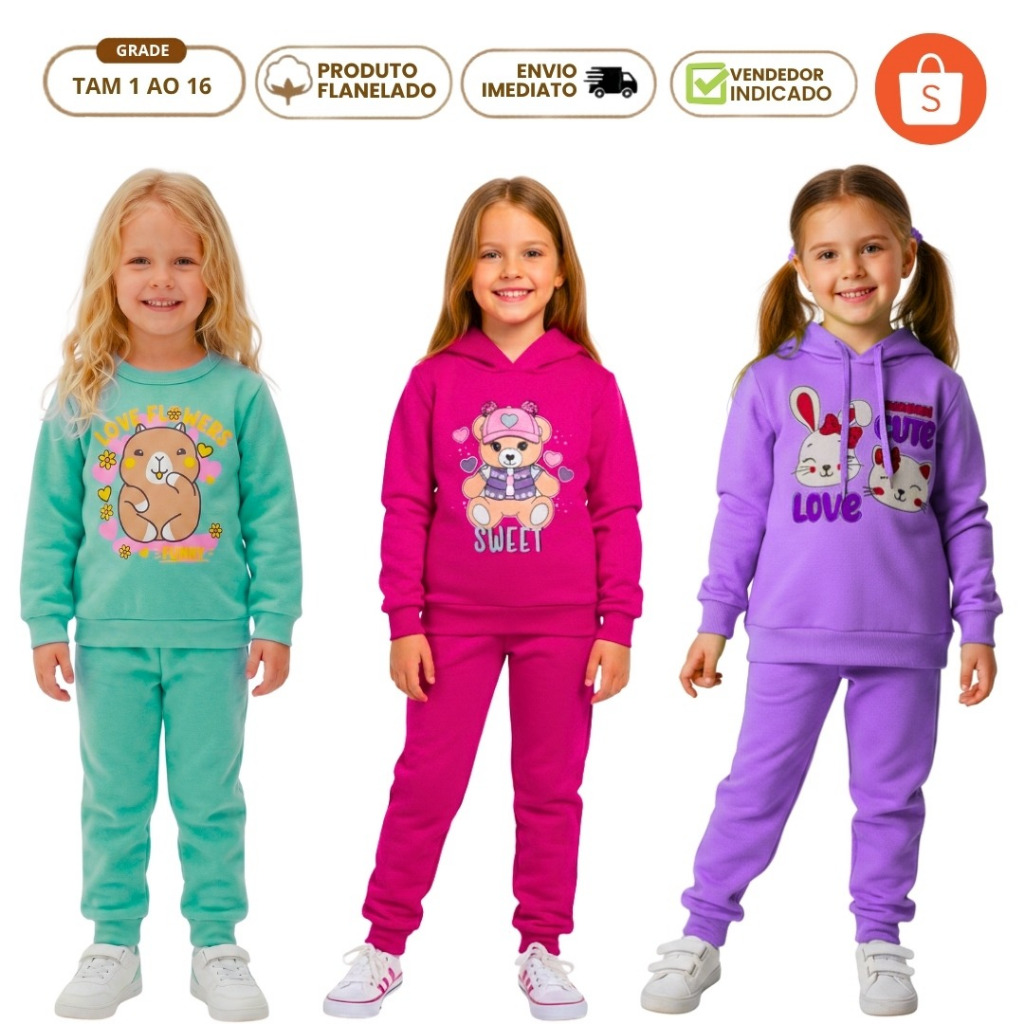 Kit 4 Peças Conjunto de Moletom Infantil Menina Inverno 2 Blusa 2 Calça Flanelada Forrada 1 ao 16