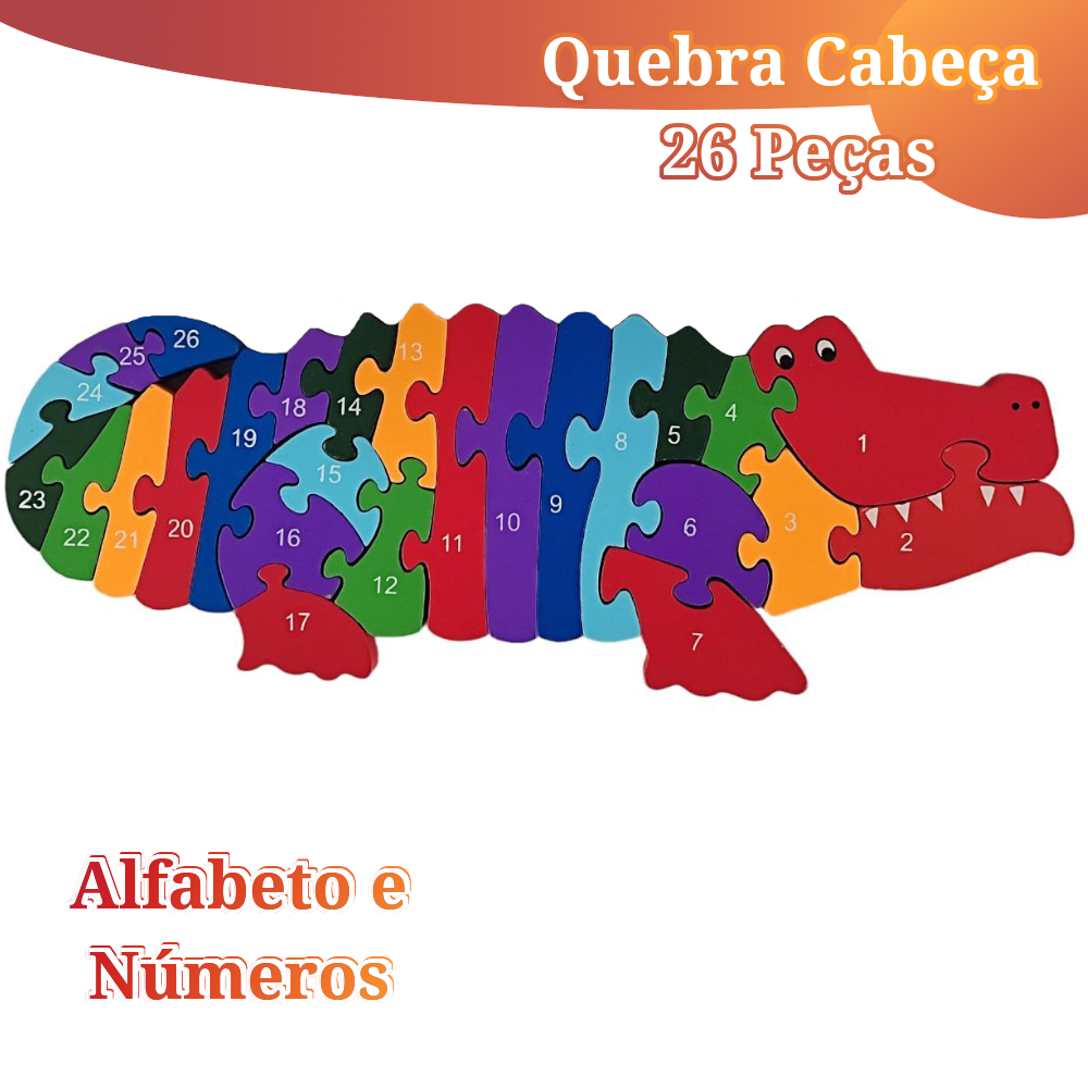 Quebra-cabeça Madeira  MDF Infantil Educativo  Com 26 Peças do Alfabeto e Números Jacaré Crocodilo