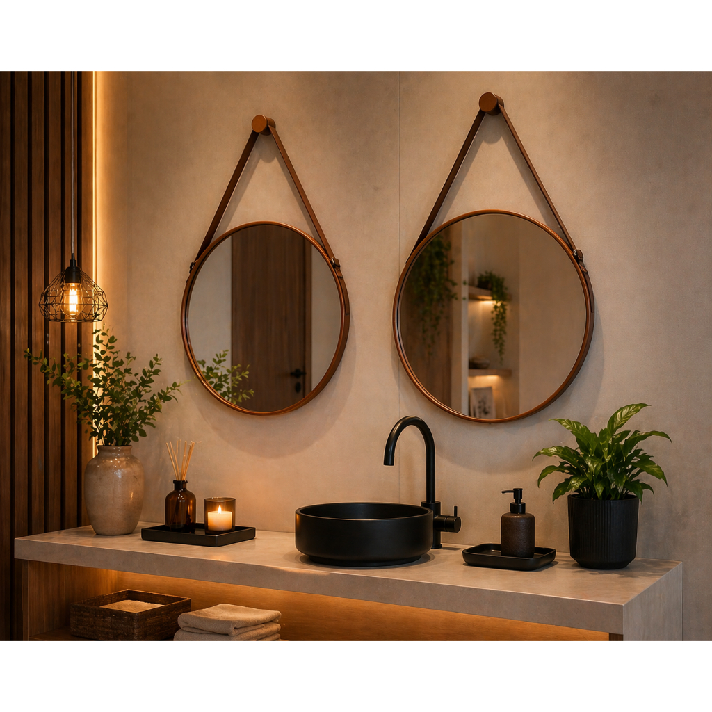 Kit 2 Espelhos Adnet 60cm com Alça em Couro + Suporte e Pendurador Para Sala Quarto Banheiro Hall