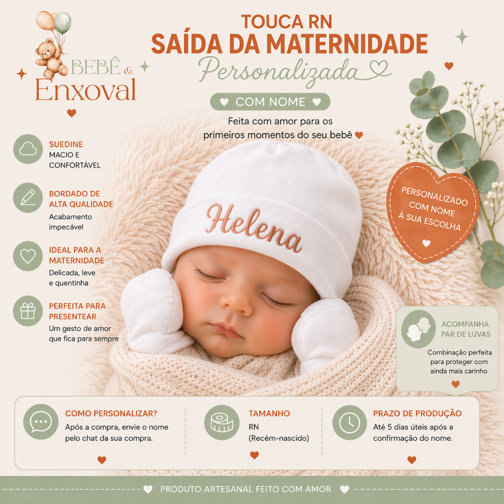 Touca RN Personalizada com NOME e Par de Luvas para Saída Maternidade  Feito em Suedine 100% Algodão