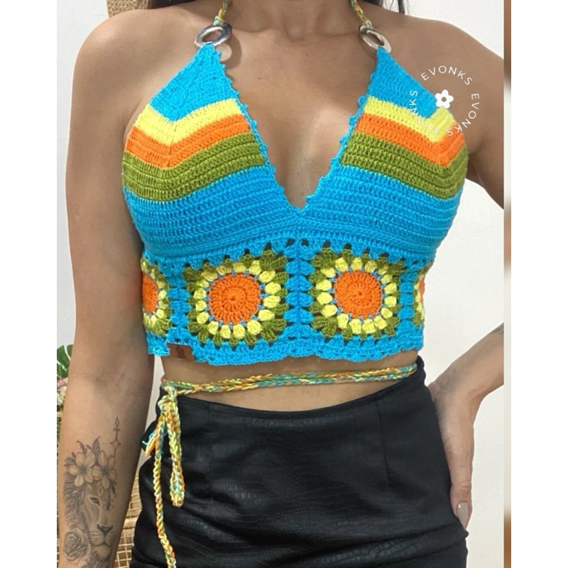 Cropped Crochê Colorido Floral Frente Única | Top Crochê Boho Verão Ibiza