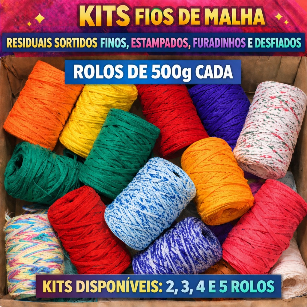 Kit Fio de Malha Residual 5 Rolos Com 500g Cada - Cores Sortidas - Fios Finos, Desfiados, Estampados, Furadinhos