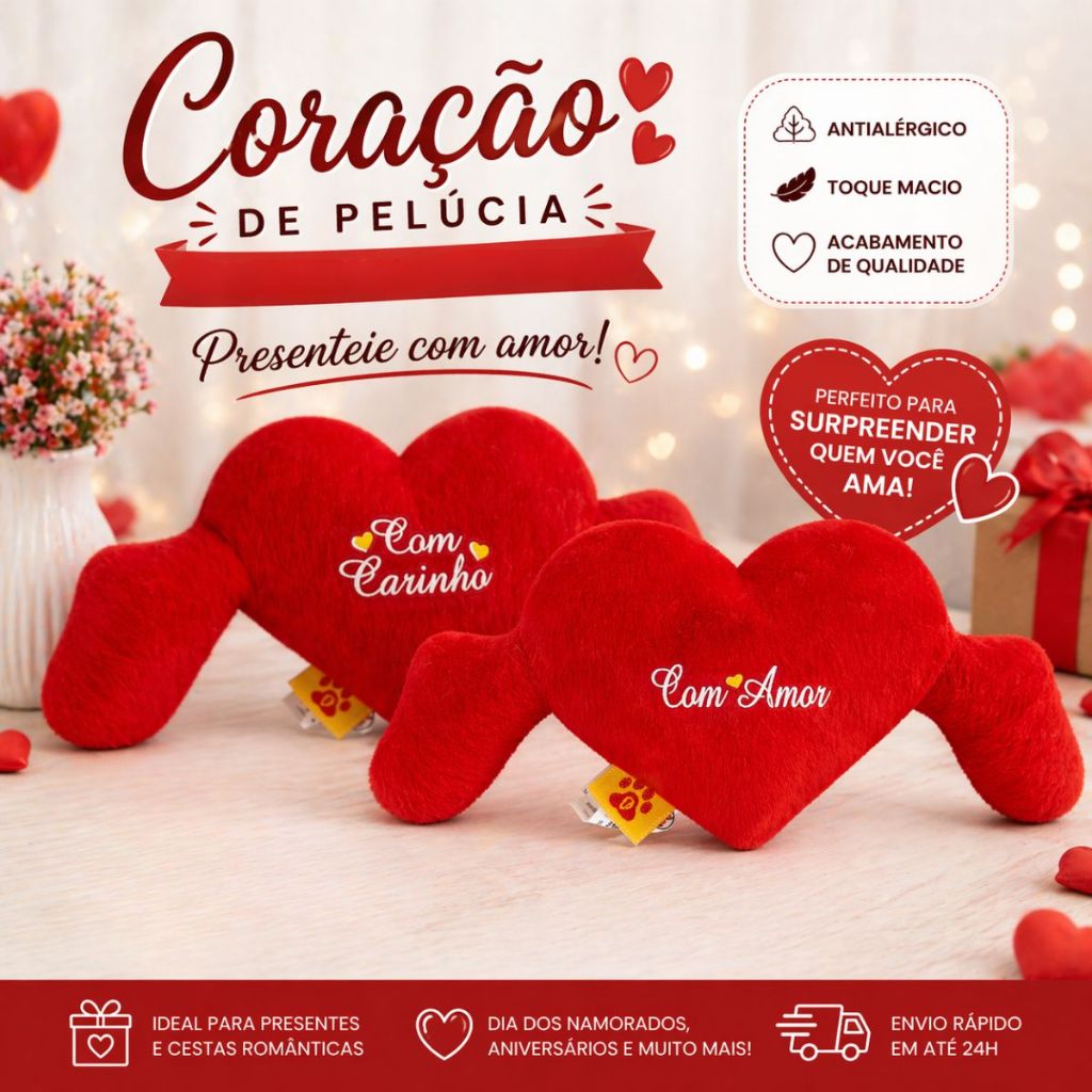 Coração De Pelúcia Antialérgico Presente Romântico 25cm Presente Perfeito Para o Dia dos Namorados