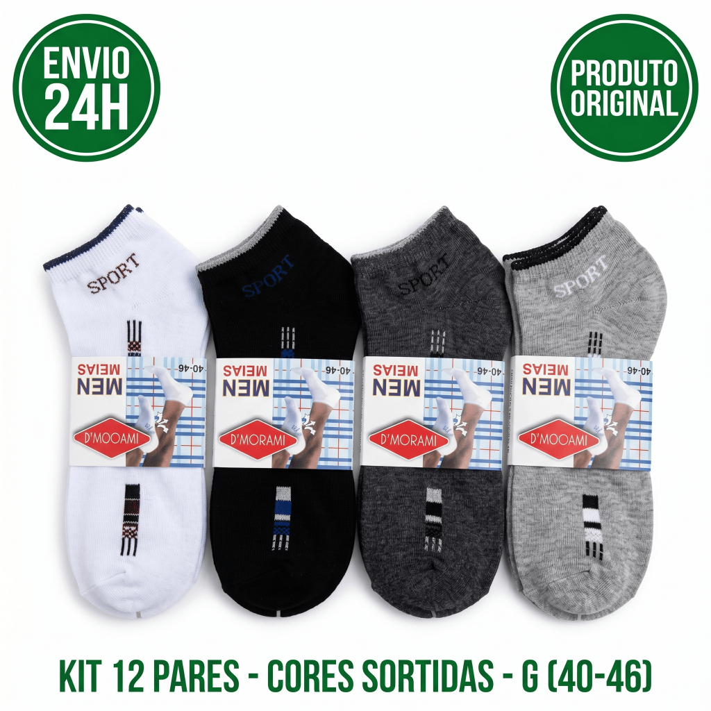 Kit 12 Pares Meia Masculina Cano Curto Sport Academia Algodão Confortável Tamanho 40 ao 46