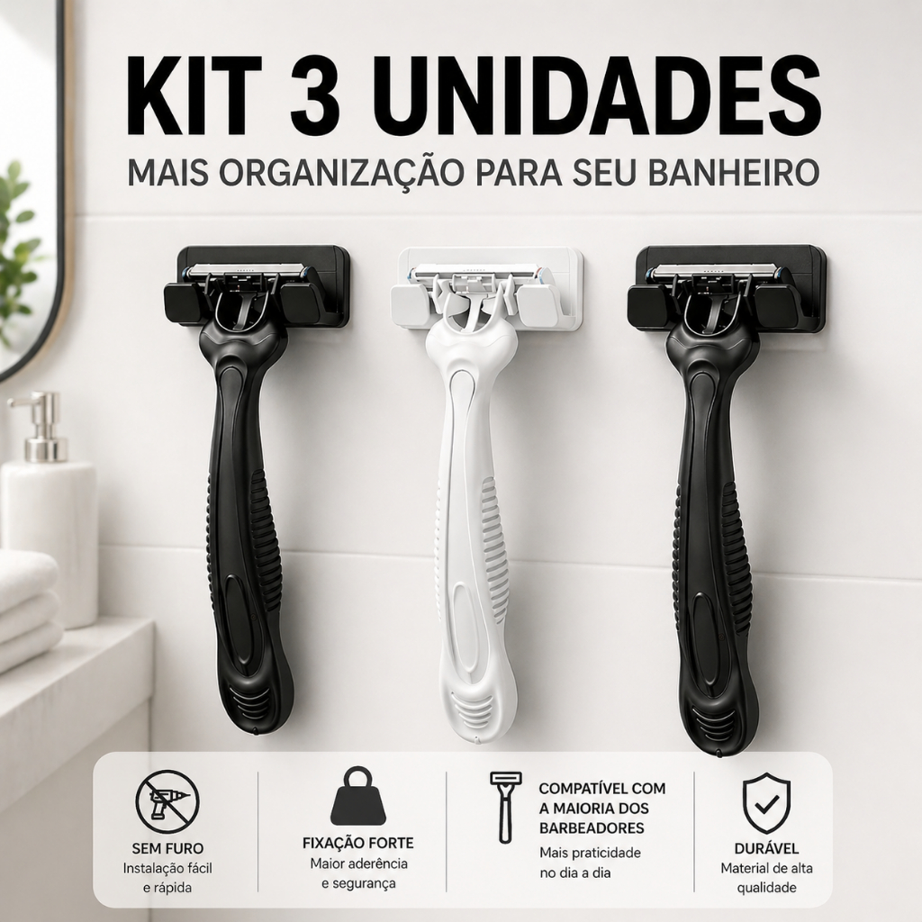 Kit 3 Suporte Gillete 3M Sem Furar Parede Fixação Forte Porta Barbeador Banheiro Resistente