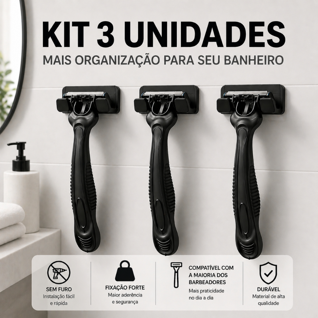 Kit 3 Suporte Para Gillete Sem Furo 3M Adesivo Forte Parede Organizador Banheiro Prático