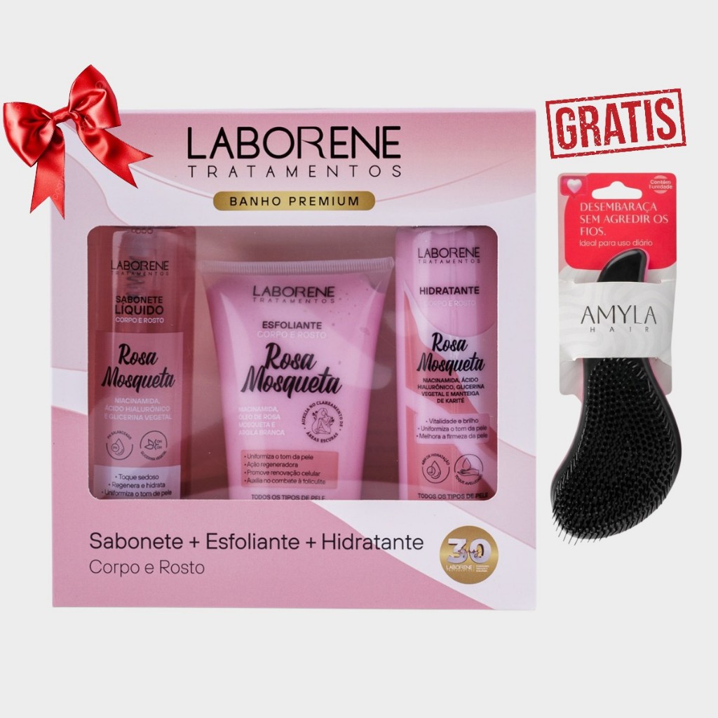 Kit Banho Premium Dia das Mães Corpo e Rosto Sabonete 200ml, Esfoliante 170g e Hidratante 200ml + Escova - Laborene