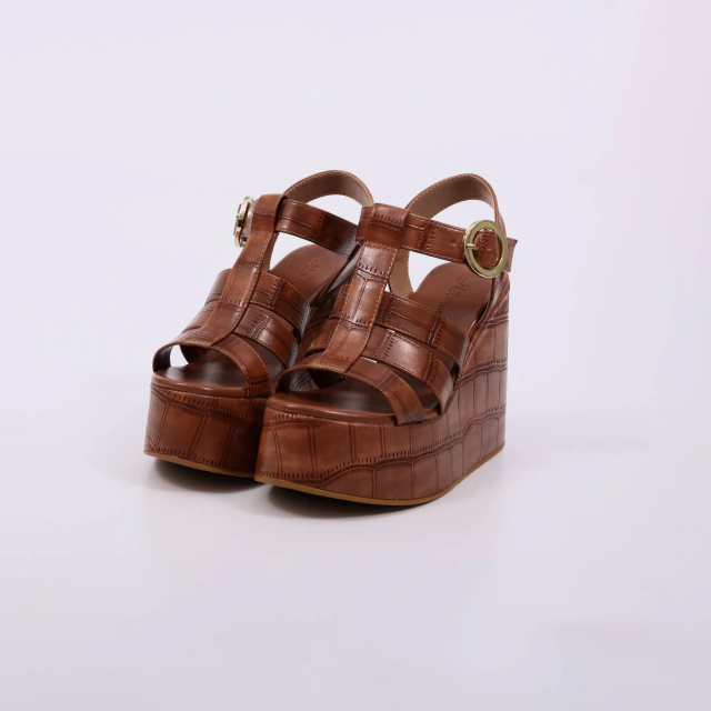 Sandália Feminina Caramelo Plataforma Anabela Croco Fivela Dourada Elegante Moderna Premium Eloah