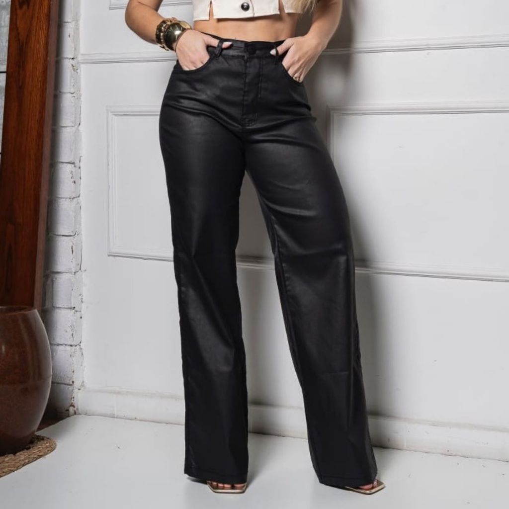 Calça Resinada Feminina Pantalona Cintura Alta Premium Eleganta Estilosa Conforto Festa Couro