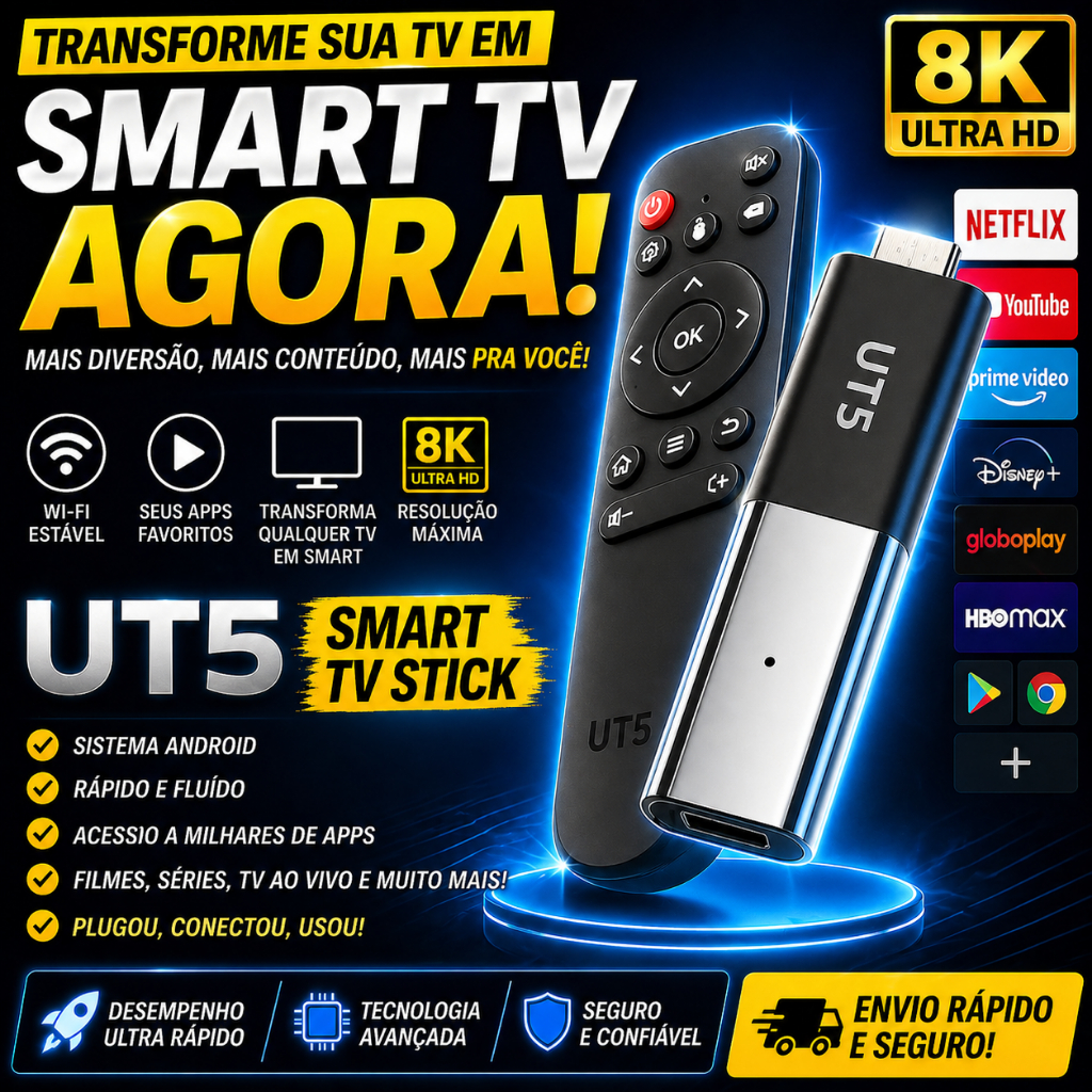 TV Box Stick UT5 8K Android | Transforme sua TV em Smart + Acesso a Apps e Streaming
