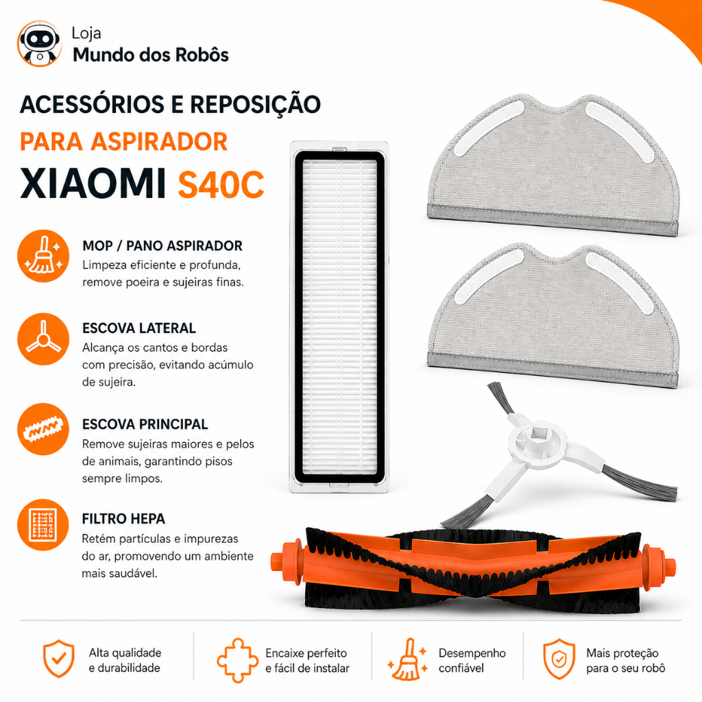 Acessórios de Reposição Aspirador Robô Xiaomi S40c PANO MOP /FILTRO HEPA/ESCOVA principal/lateral