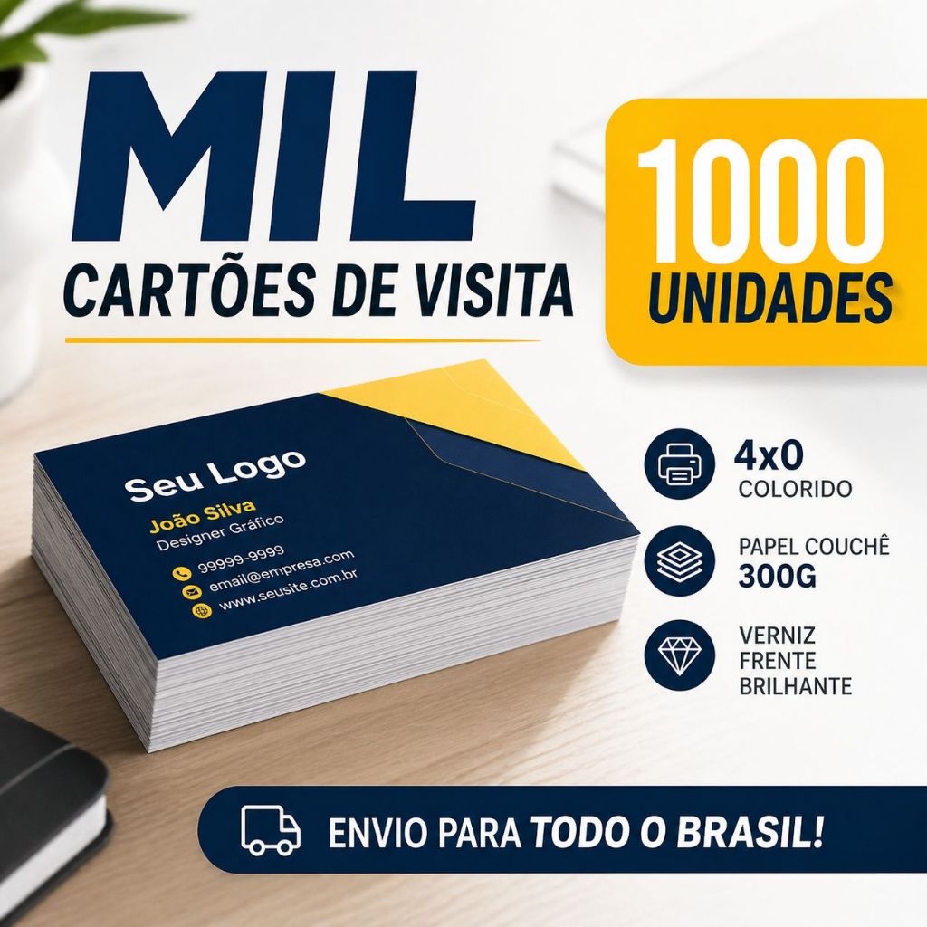1000  CARTÕES DE VISITA PERSONALIZADO - PAPEL COUCHE 300 GRS - VERNIZ UV BRILHO TOTAL - COLORIDO 4X0