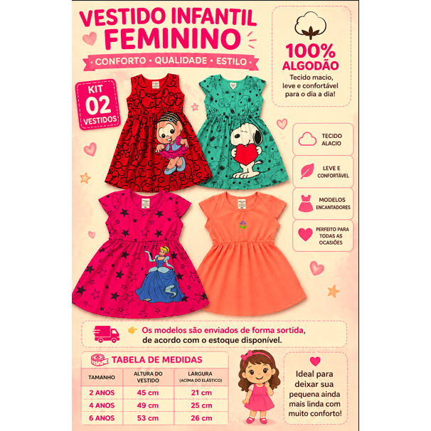 Kit 2 Vestidos Sortidos Infantil Feminino 100% Algodão  Confortável 2 a 6 Anos