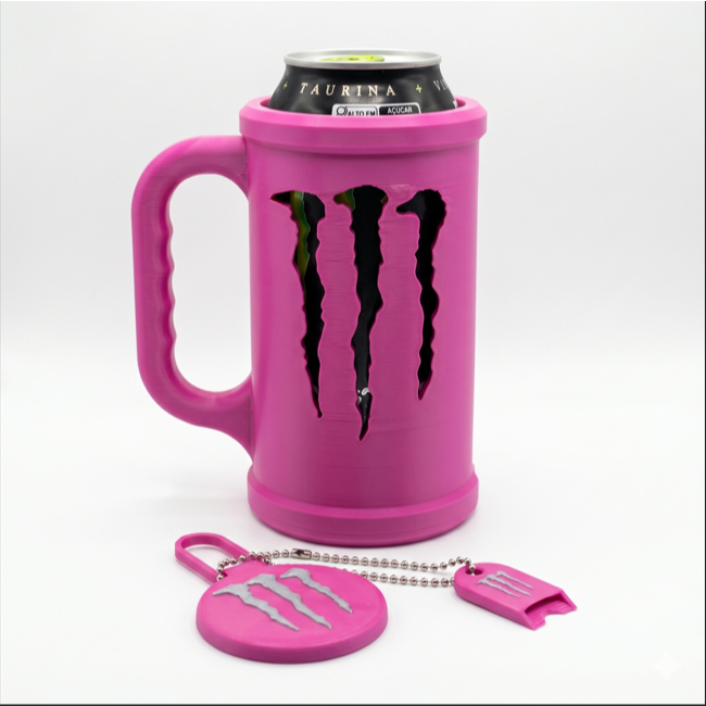 Kit Porta Lata Monster Energy 3 em 1 com Tampa Protetora + Abridor Chaveiro