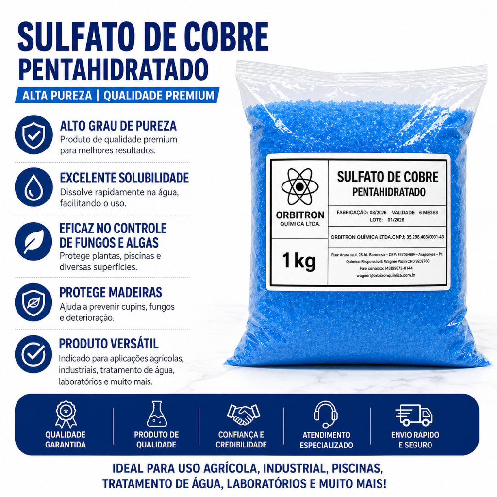 Sulfato de Cobre 99% Penta-Hidratado 1KG - Alta Pureza, Fungicida, Calda Bordalesa