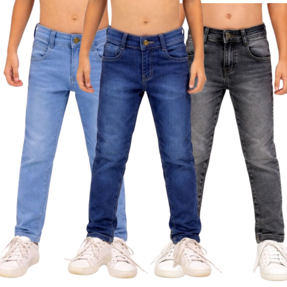 Kit 3 Calças Jeans e Sarja Brim Infantil e Juvenil Menino Conforto Estilo e Alta Durabilidade