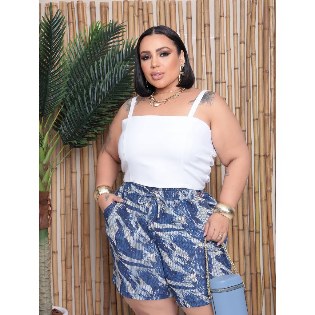 Short Plus Size Feminino Estampa Camuflada Cintura Alta Comfy Casual Confortável Tendência Verão