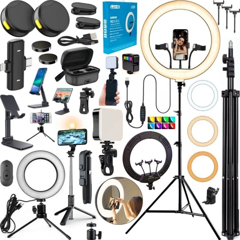 Kit Filmagem Ring Light Grande 36cm Tripé Bastão Luz Led Portátil Microfone Duplo Sem Fio