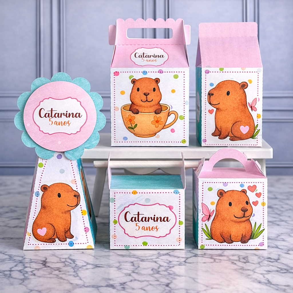Kit Festa Personalizados CAPIVARA menina Lembrancinhas Caixinhas de aniversário para festa - PEGUE E MONTE