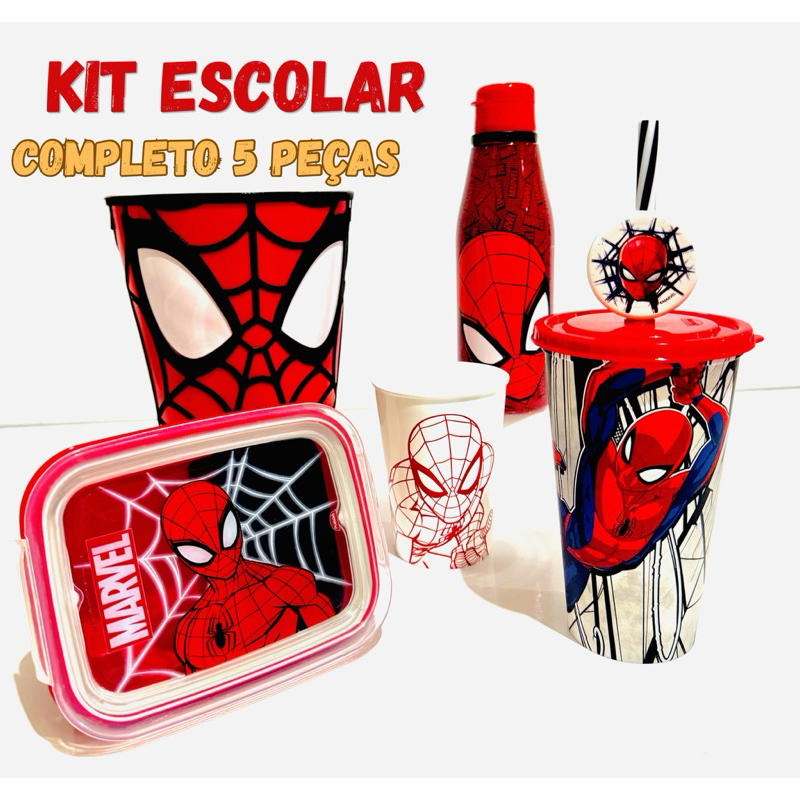 Kit Lancheira Infantil Homem Aranha Escolar Completo 5 Peças Marmita Copo Canudo Garrafa Pipoqueira