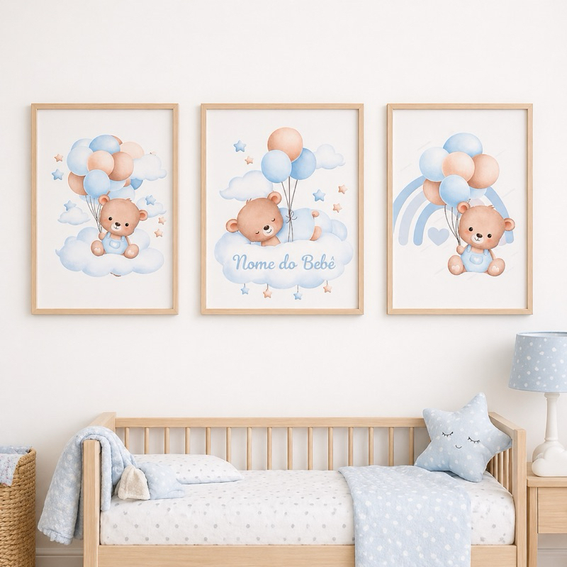 KIT 3 Quadros Decorativos Quarto de Bebê Ursinhos Fofos Com Balão Quarto Criança PERSONALIZADO