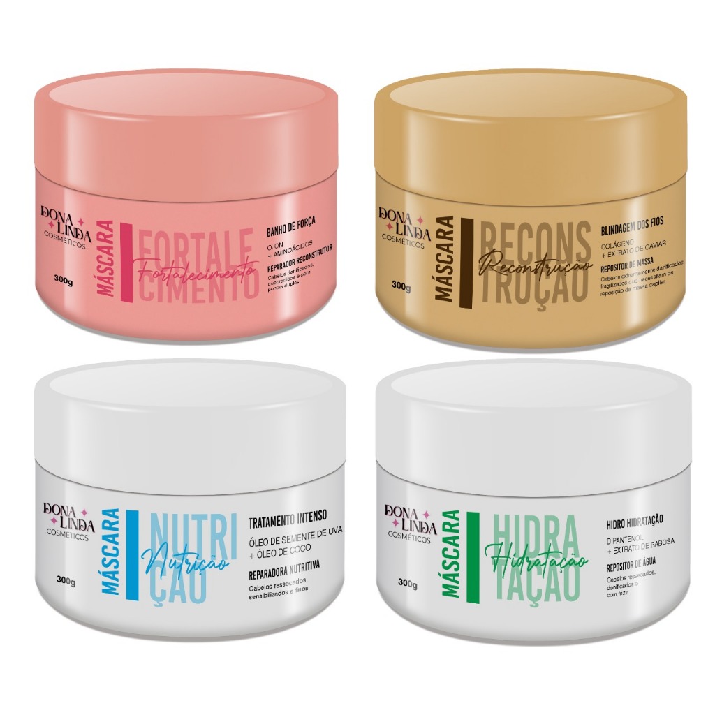 Kit 4 Máscaras Dona Linda 300g: Cronograma Capilar Hidratação Nutrição Reconstrução e Força