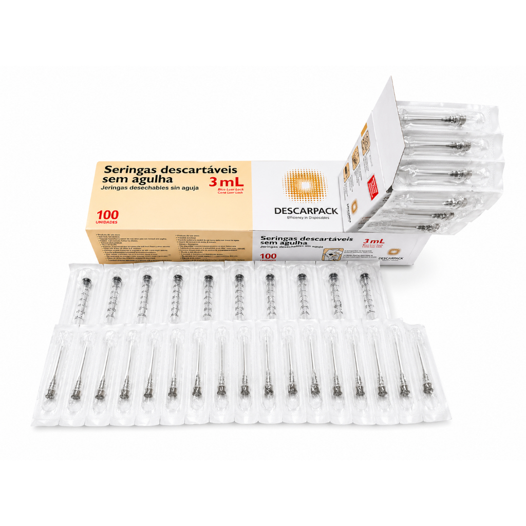 Kit Seringa 3mL + Agulha 25x0,70 + Curativo | Completo para Aplicação | 100 Un | Pronta Entrega