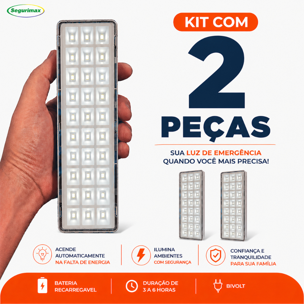 Kit 2 Luminaria Emergencia Lampada 30 Leds Recarregável Bivolt Segurimax