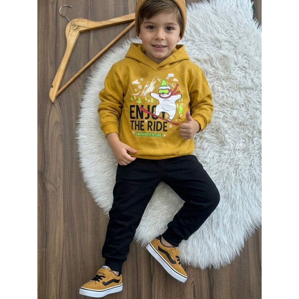 conjunto moletom infantil com capuz menino inverno amarelo e vermelho dinossauro