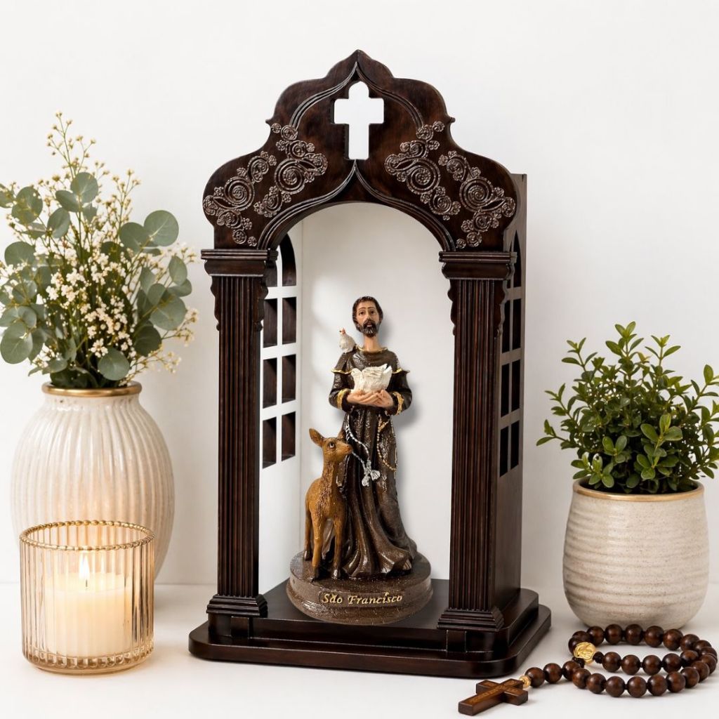 Imagem São Francisco De Assis Resina Nobre 15cm com Capela Oratório Madeira Mdf
