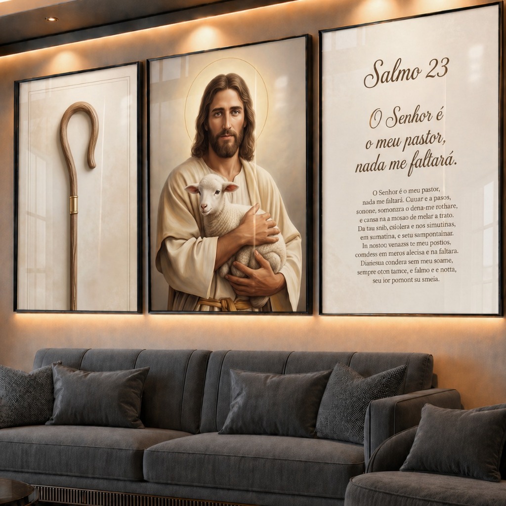 Kit 3 Placas Decorativas Salmo 23 O Senhor é Meu Pastor Jesus Bom Pastor com Cordeiro e Cajado Quadro Religioso